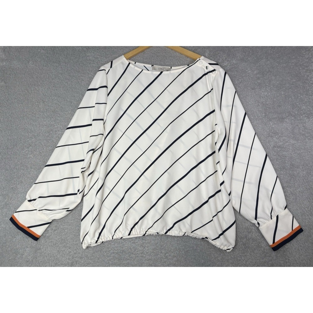 LOFT Womens XL Ivory Black Stripe Blouse Long Sleeve Button Shoulder Career Top